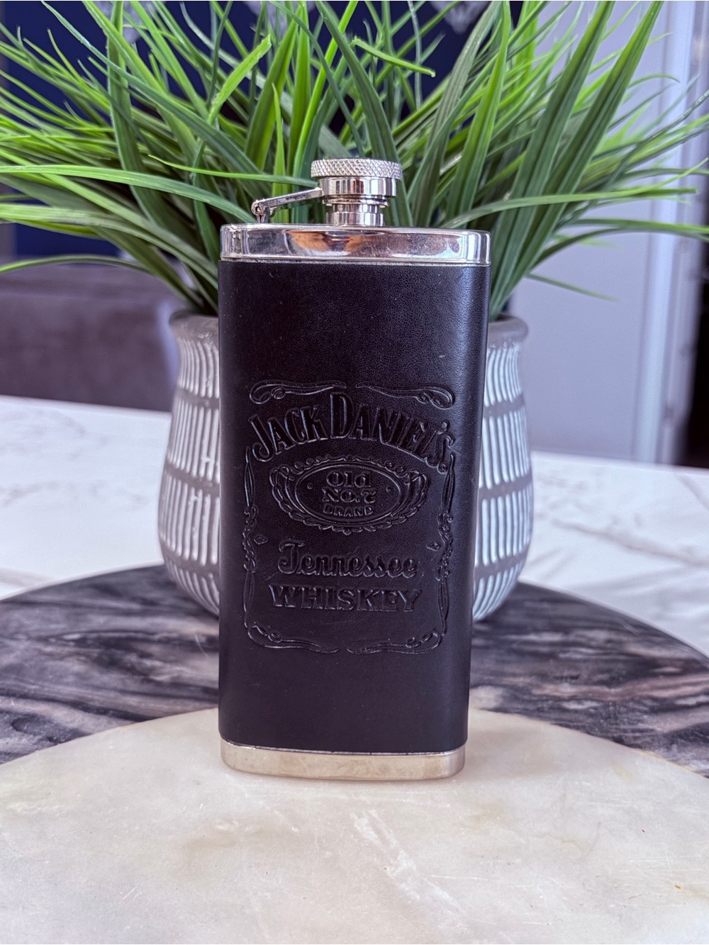 Jack Daniels Black and Silver Embossed Leather Flask